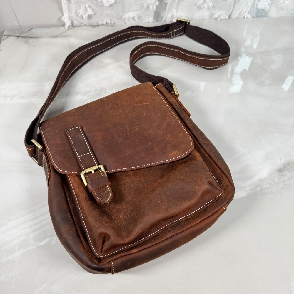 Jack‎ & Chris Distressed Brown Leather Crossbody Field Bag Messenger Snap Flap
